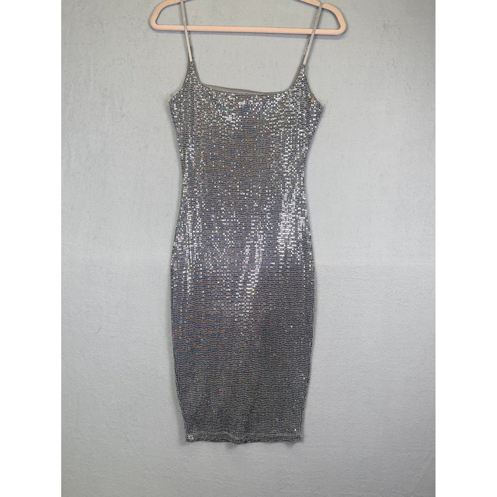 Akira Silver Sequin Bodycon Midi Dress M Glam Y2K Clubwear Baddie Club Kid Disco - Picture 2 of 7
